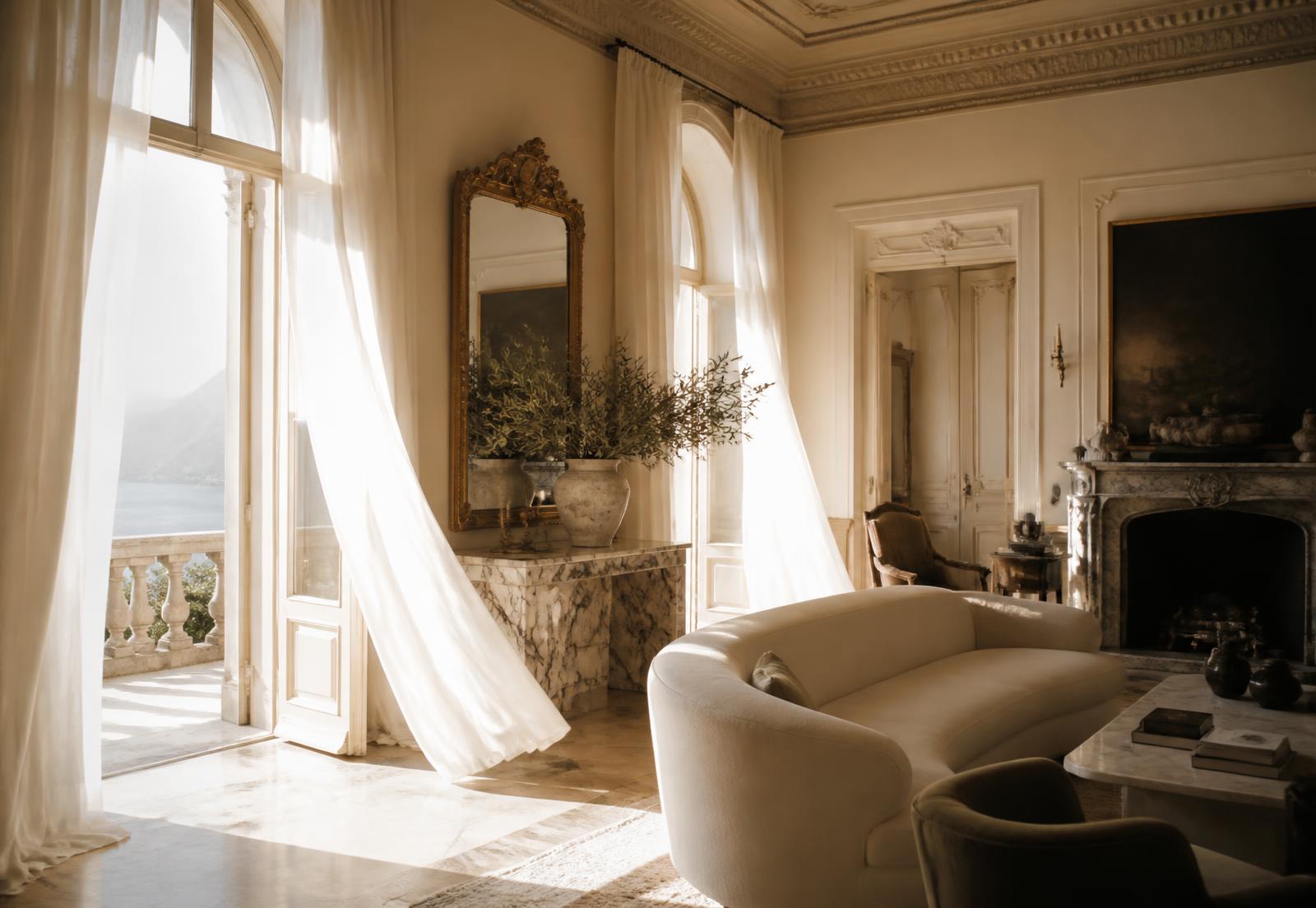 Grand Mediterranean salon with arched French windows, marble console, gilded mirror and a curved cream sofa